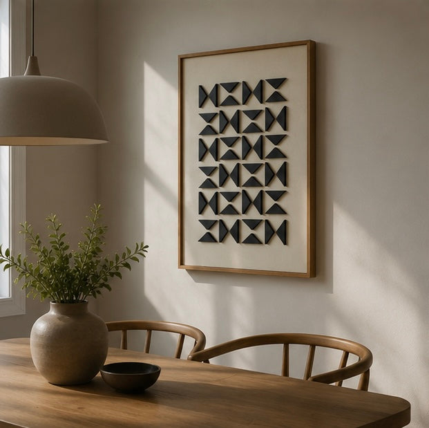 Monochrome Triangle Mosaic – Black & Ivory Handcrafted Geometric Wall Art on Stretched Wooden Canvas | Wallorah
