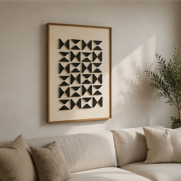 Monochrome Triangle Mosaic – Black & Ivory Handcrafted Geometric Wall Art on Stretched Wooden Canvas | Wallorah