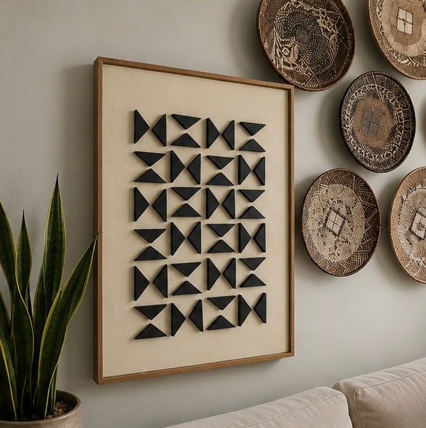 Monochrome Triangle Mosaic – Black & Ivory Handcrafted Geometric Wall Art on Stretched Wooden Canvas | Wallorah