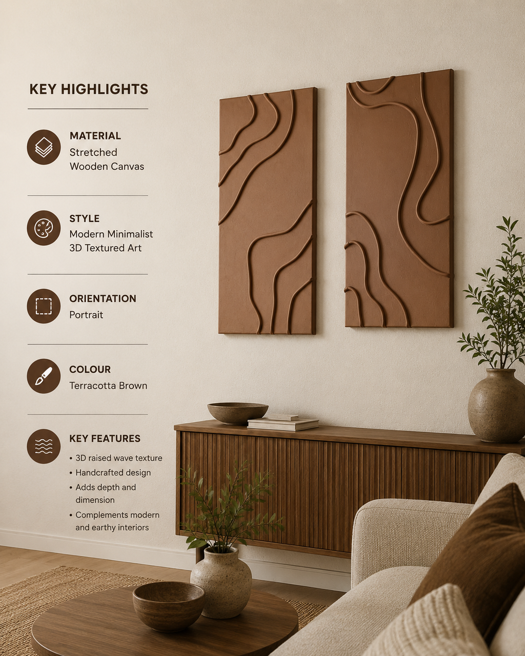 Terra Contours – Handcrafted Mocha Brown Abstract Wall Art Set of 2 on Stretched Wooden Canvas | Wallorah