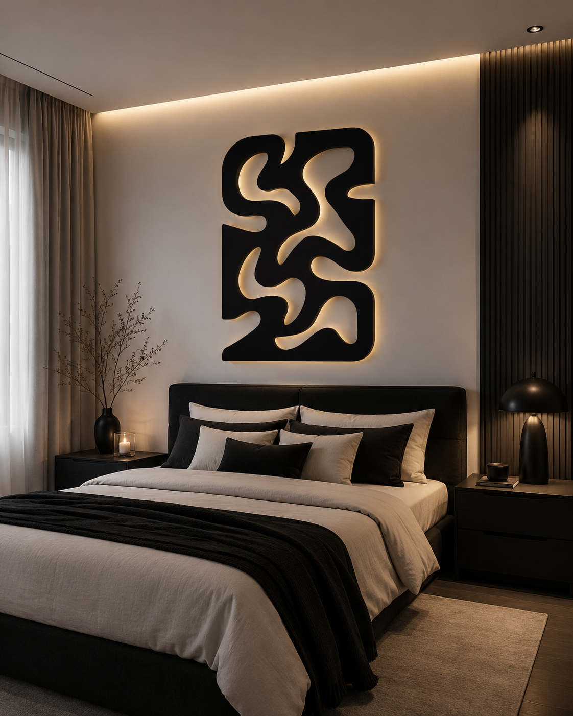 Midnight Flow – Black Handcrafted Organic Abstract Wall Art on Stretched Wooden Canvas | Wallorah