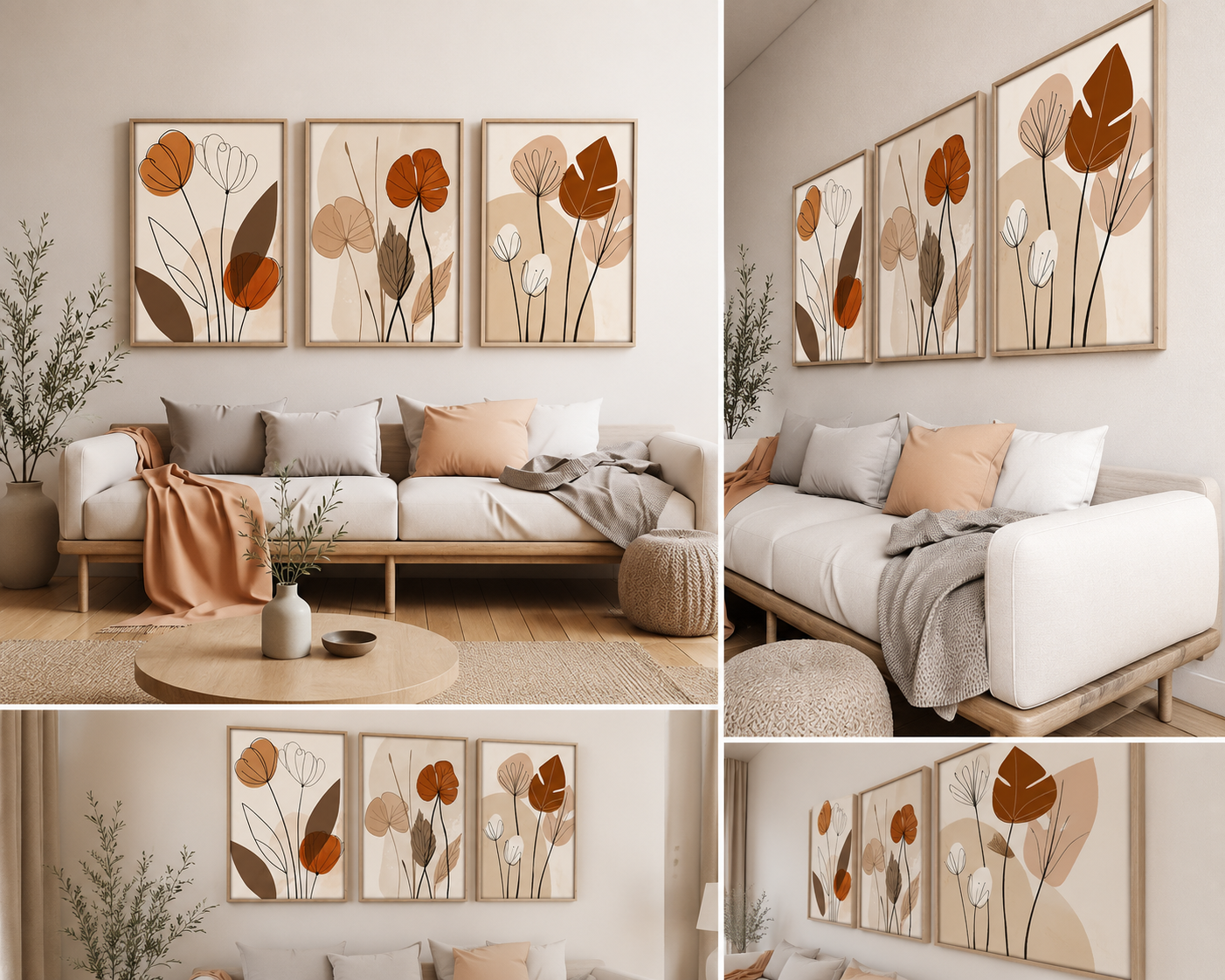 Nordic Botanical Harmony | Set of 3 Minimalist Floral Canvas Wall Art | UV Printed Ready-to-Hang