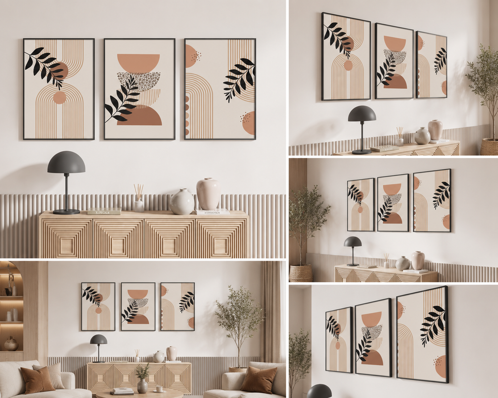 Modern Geometric Botanical Trio | Set of 3 Premium Canvas Wall Art | UV Printed Ready-to-Hang