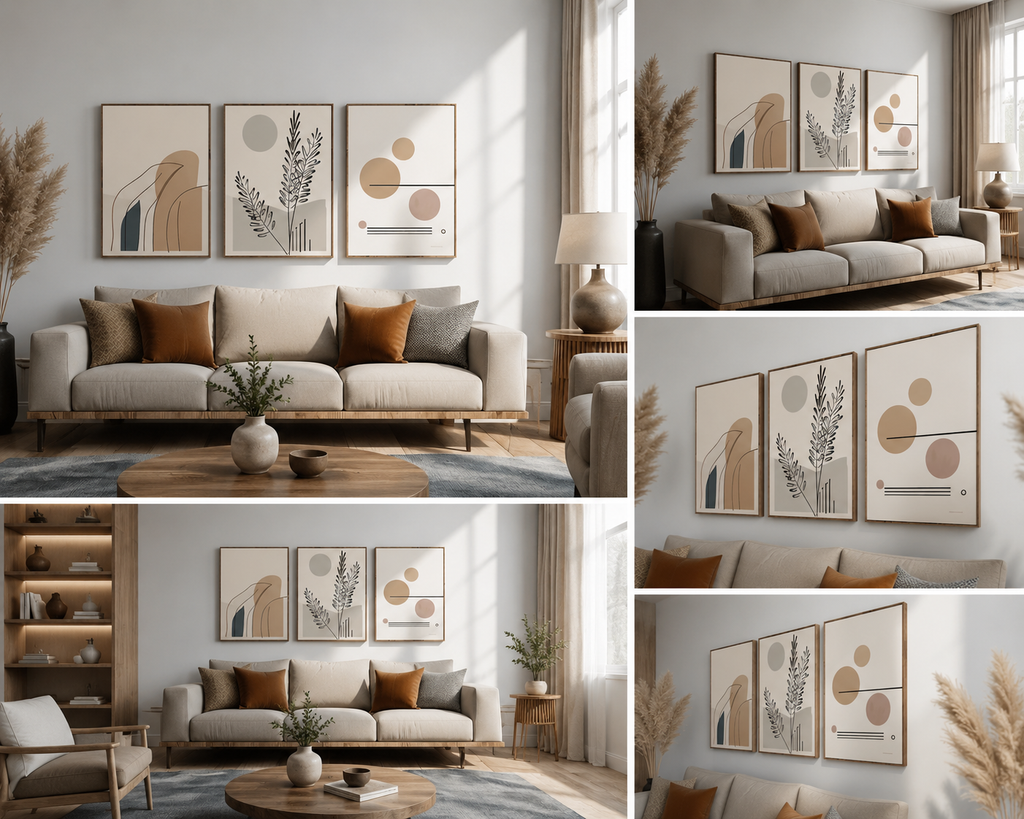 Nordic Harmony Abstract Trio | Set of 3 Minimalist Canvas Wall Art | Premium UV Printed Ready-to-Hang