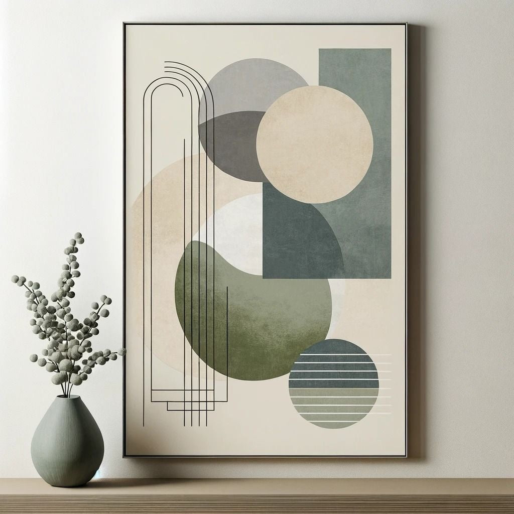 Modern Geometric Balance Abstract Wall Art | Neutral Green Framed Canvas – Wallorah