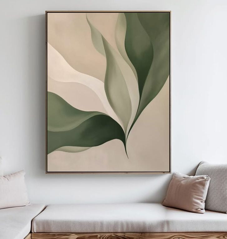 Serene Botanical Abstract Wall Art | Minimalist Green & Beige Canvas – Wallorah