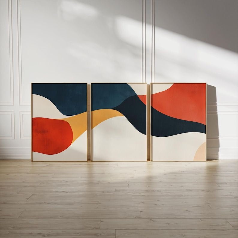 Nordic Contrast – Modern Abstract Wall Art Set of 3 | Premium Framed Canvas | Navy Blue, Terracotta & Mustard Minimalist Wall Decor