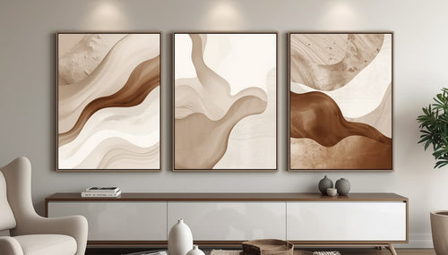 Earth Flow – Modern Neutral Abstract Wall Art Set of 3 | Premium Framed Canvas | Beige & Brown Minimalist Living Room Decor