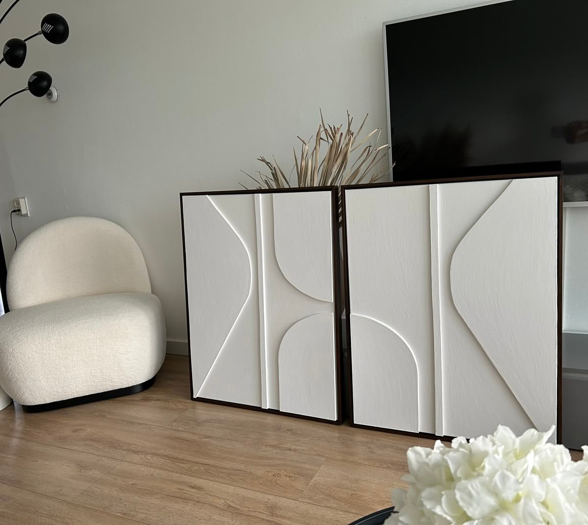 Ivory White Harmony – Handcrafted Abstract Wall Art (Set of 2) on Stretched Wooden Canvas | Wallorah