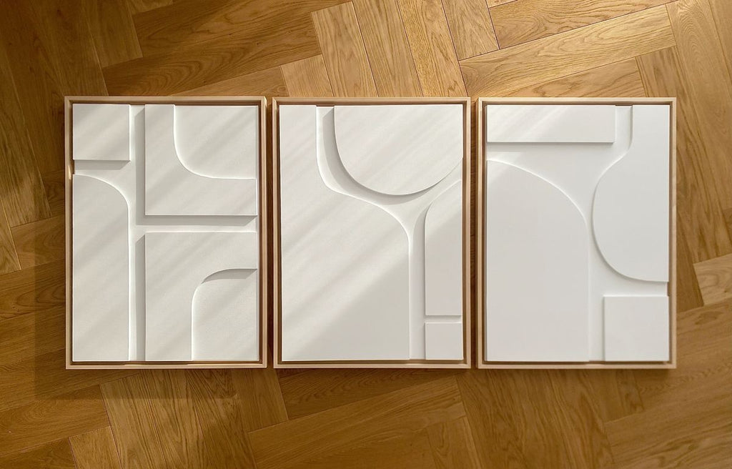 Ivory White Geometric Trio – Handcrafted 3-Piece Abstract Wall Art on Stretched Wooden Canvas | Wallorah