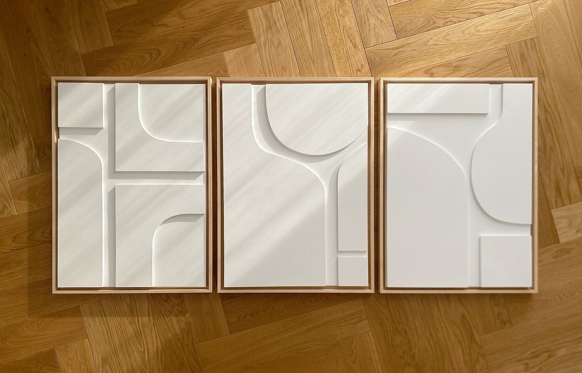 Ivory White Geometric Trio – Handcrafted 3-Piece Abstract Wall Art on Stretched Wooden Canvas | Wallorah