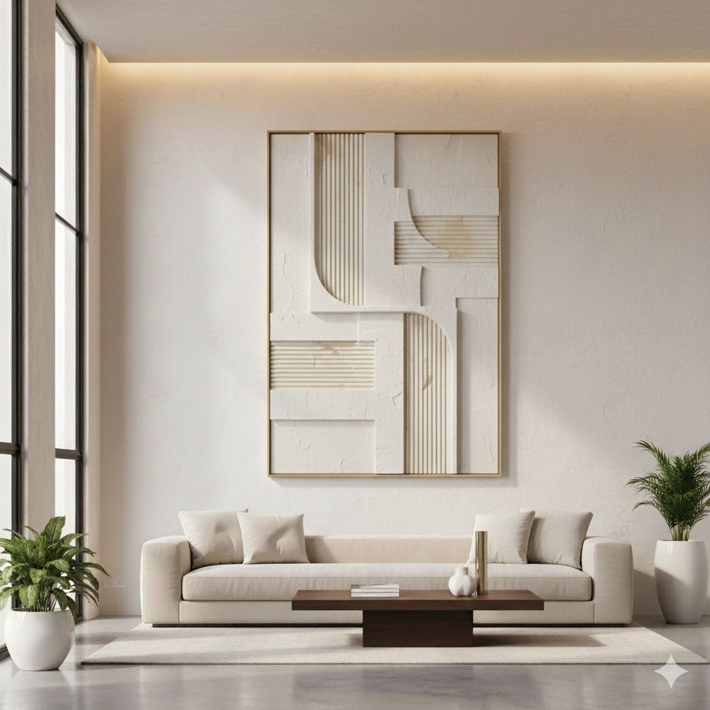 Ivory Linen Linear Relief – Handcrafted Abstract Wall Art on Stretched Wooden Canvas | Wallorah