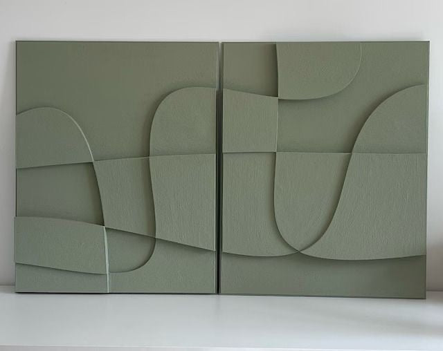 Sage Green Flow Diptych – Handcrafted Abstract Wall Art on Stretched Wooden Canvas | Wallorah