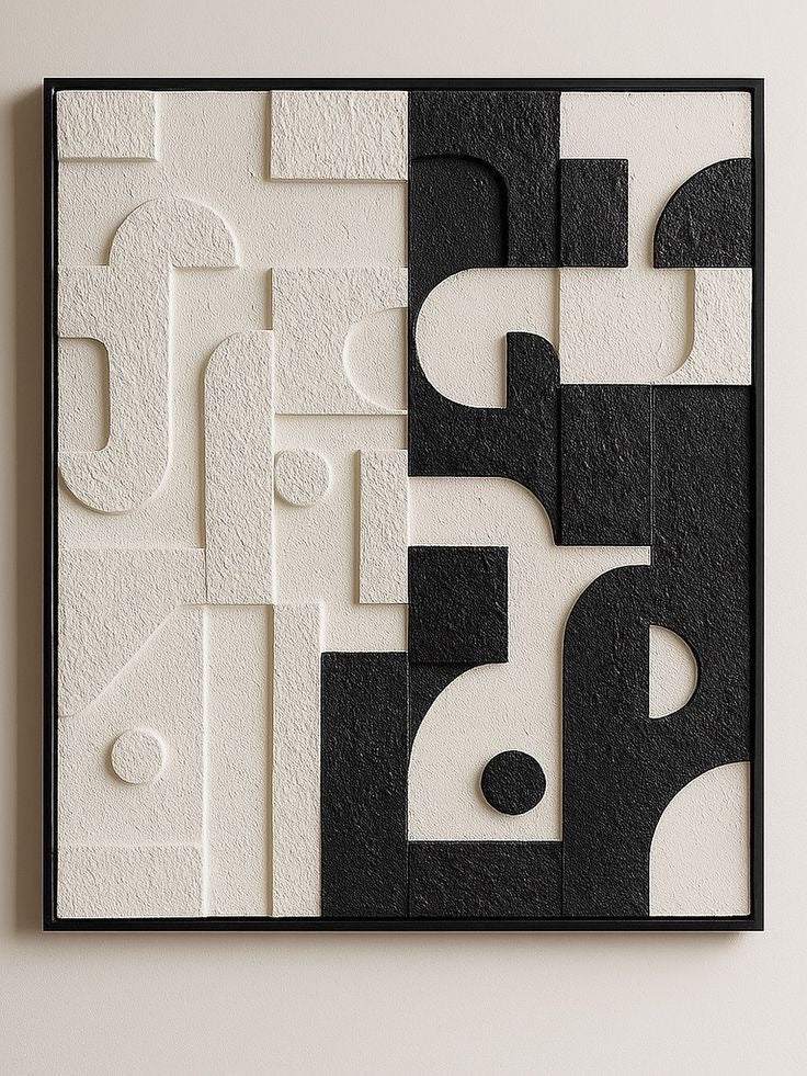 Monochrome Contrast Geometry – Black & Ivory Handcrafted Abstract Wall Art on Stretched Wooden Canvas | Wallorah