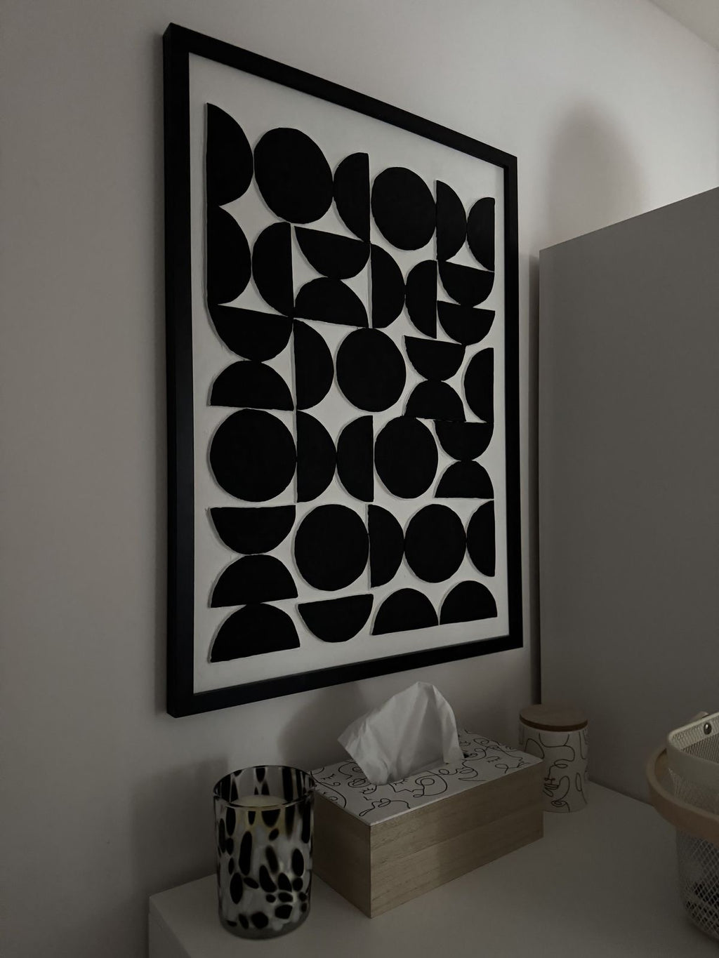 Monochrome Eclipse Pattern – Black & Ivory Handcrafted Geometric Wall Art on Stretched Wooden Canvas | Wallorah