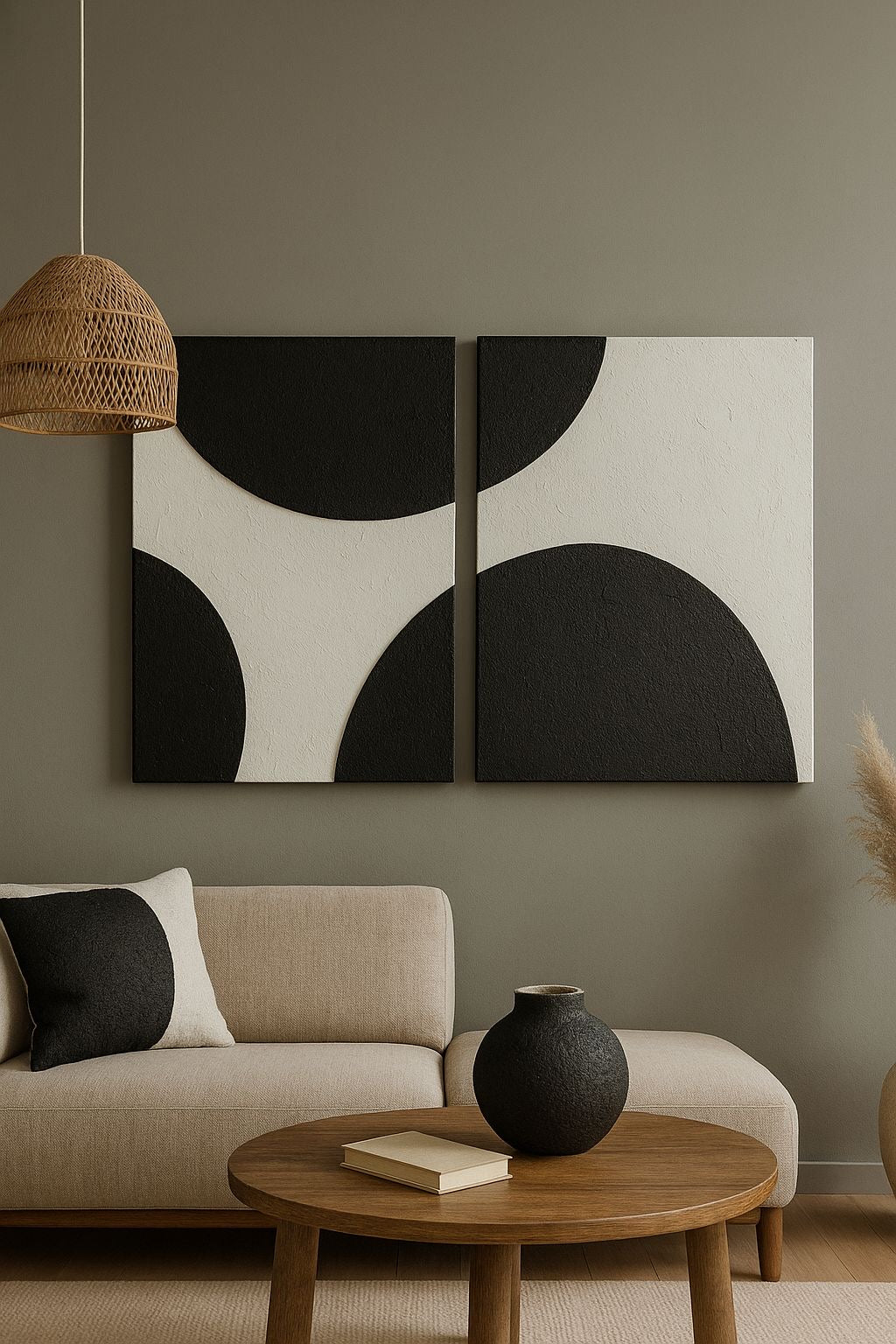 Eclipse Harmony – Black & Ivory Handcrafted Abstract Diptych Wall Art on Stretched Wooden Canvas | Wallorah