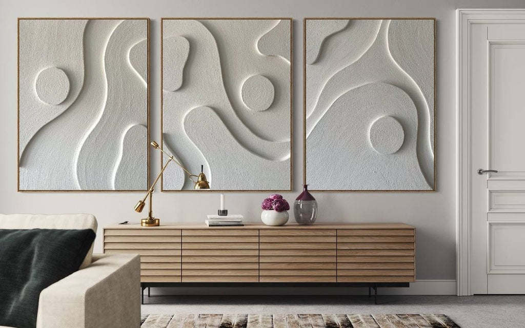 Organic Harmony Triptych – Ivory White Handcrafted Abstract Wall Art Set on Stretched Wooden Canvas | Wallorah