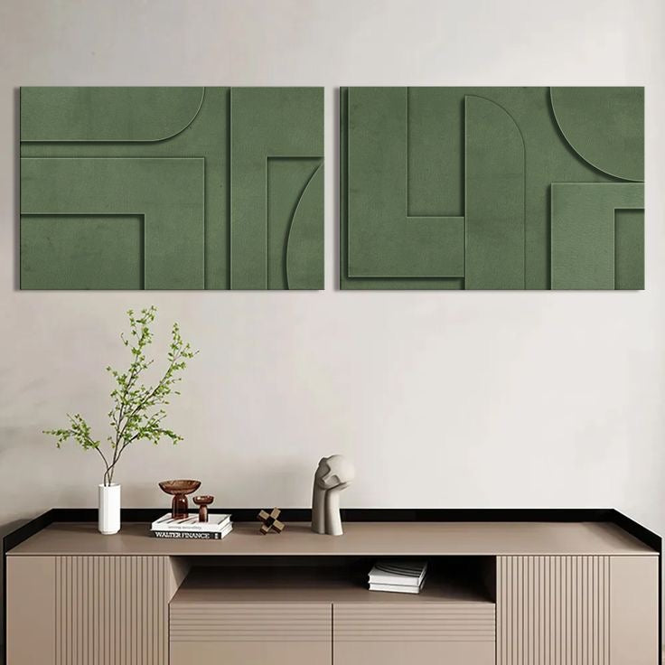 Sage Geometry Duo – Sage Green Handcrafted Abstract Wall Art Set on Stretched Wooden Canvas | Wallorah