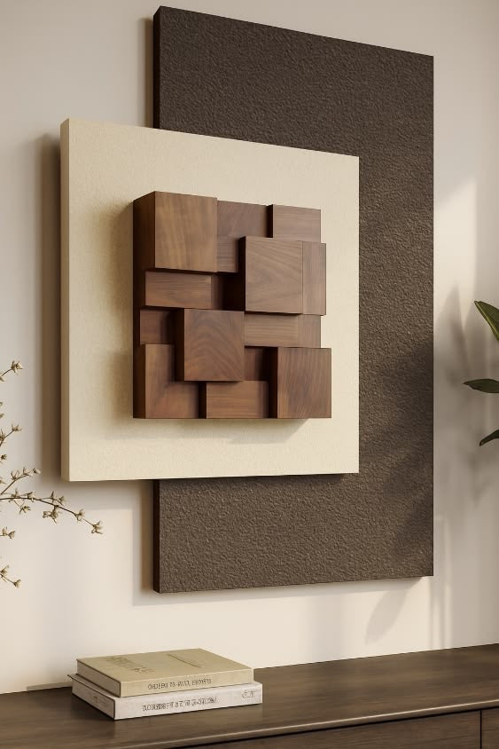 Walnut Mosaic – Walnut Brown, Ivory & Charcoal Handcrafted 3D Abstract Wall Art on Stretched Wooden Canvas | Wallorah