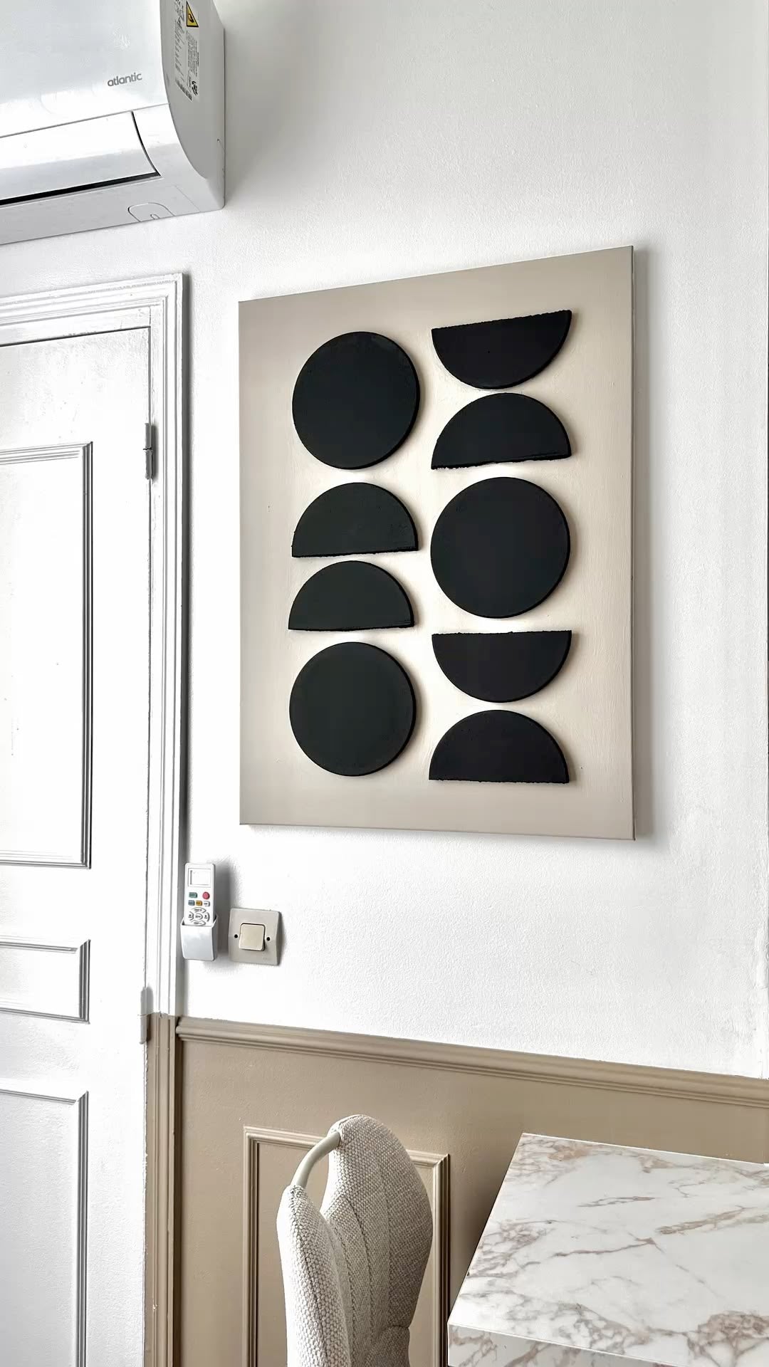 Monochrome Orbit – Black & Beige Handcrafted Geometric Wall Art on Stretched Wooden Canvas | Wallorah