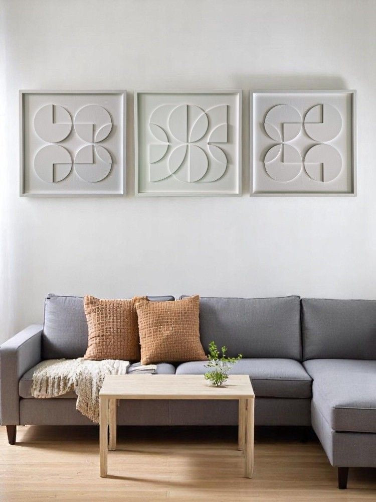 Ivory Symmetry Trio – (Set of 3) Handcrafted Geometric Wall Art Set on Stretched Wooden Canvas | Wallorah