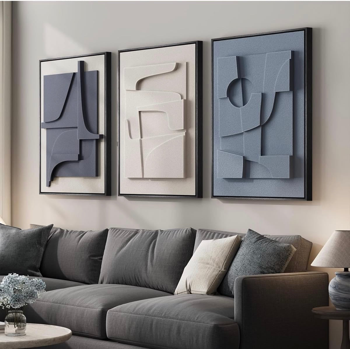 Modern Harmony Trio – Slate Blue, Ivory & Steel Blue Handcrafted Textured Wall Art Set of 3 on Stretched Wooden Canvas | Wallorah