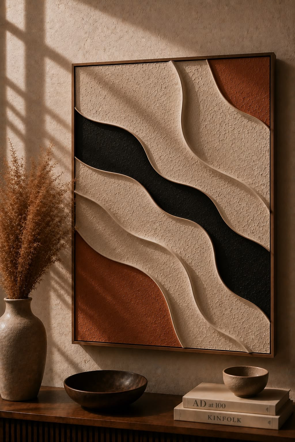 Earth Flow – Beige, Rust & Charcoal Abstract Handcrafted Wall Art on Stretched Wooden Canvas | Wallorah