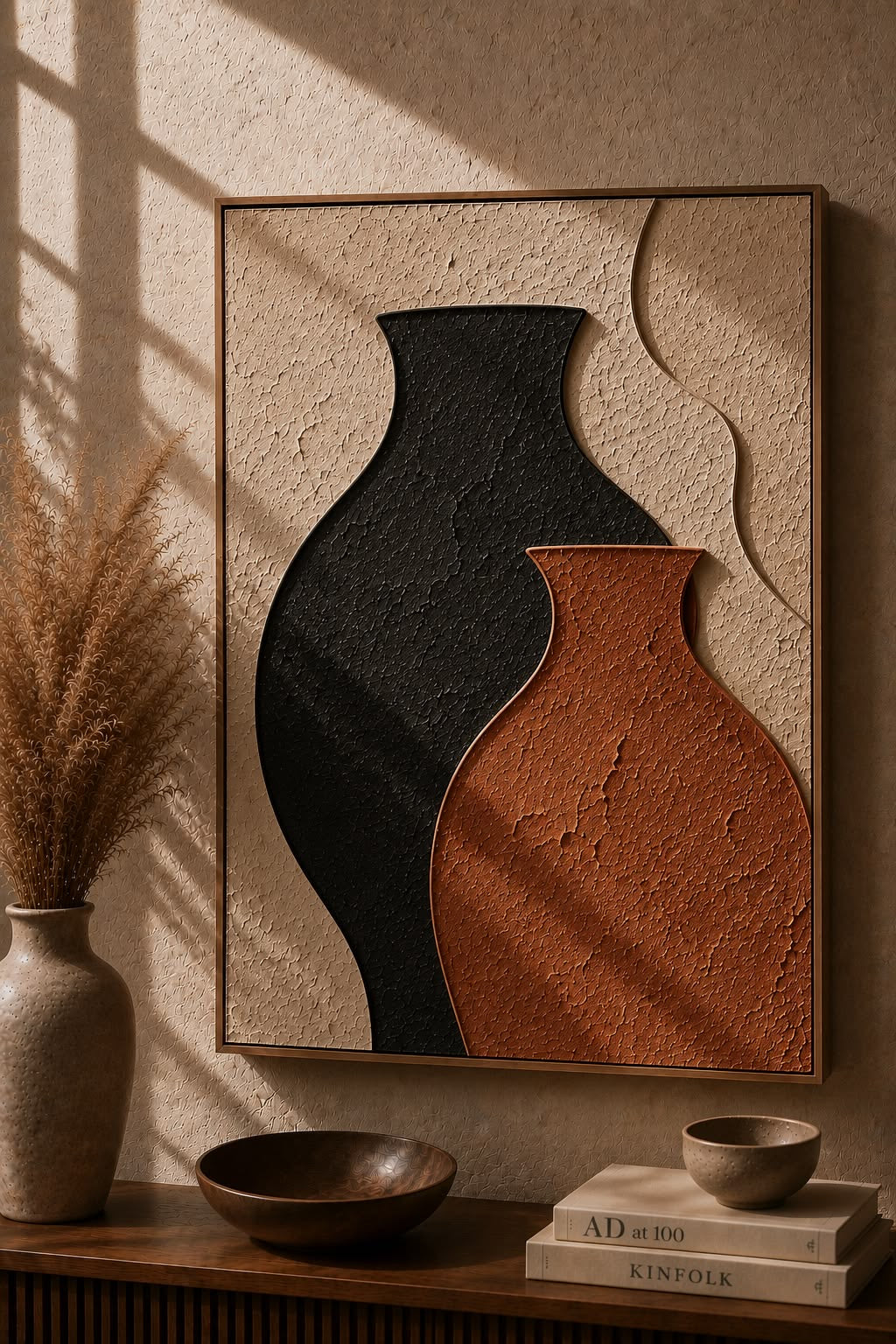 Twin Silhouettes – Black & Terracotta Abstract Handcrafted Wall Art on Stretched Wooden Canvas | Wallorah