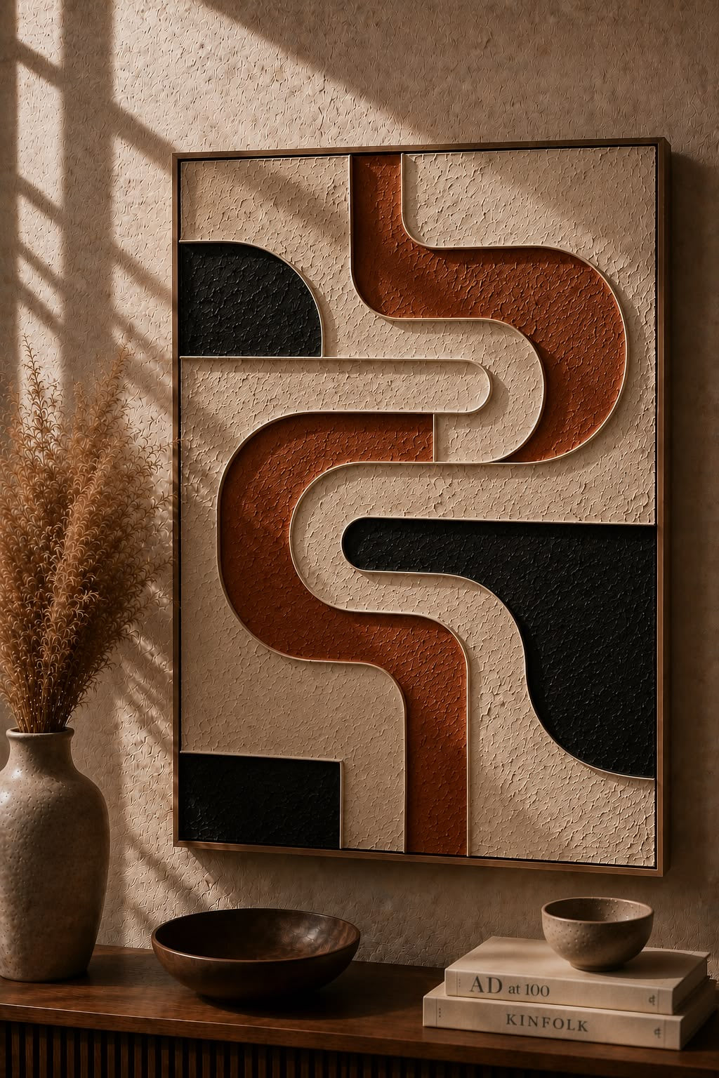 Rust Pathways – Terracotta & Black Geometric Handcrafted Wall Art on Stretched Wooden Canvas | Wallorah