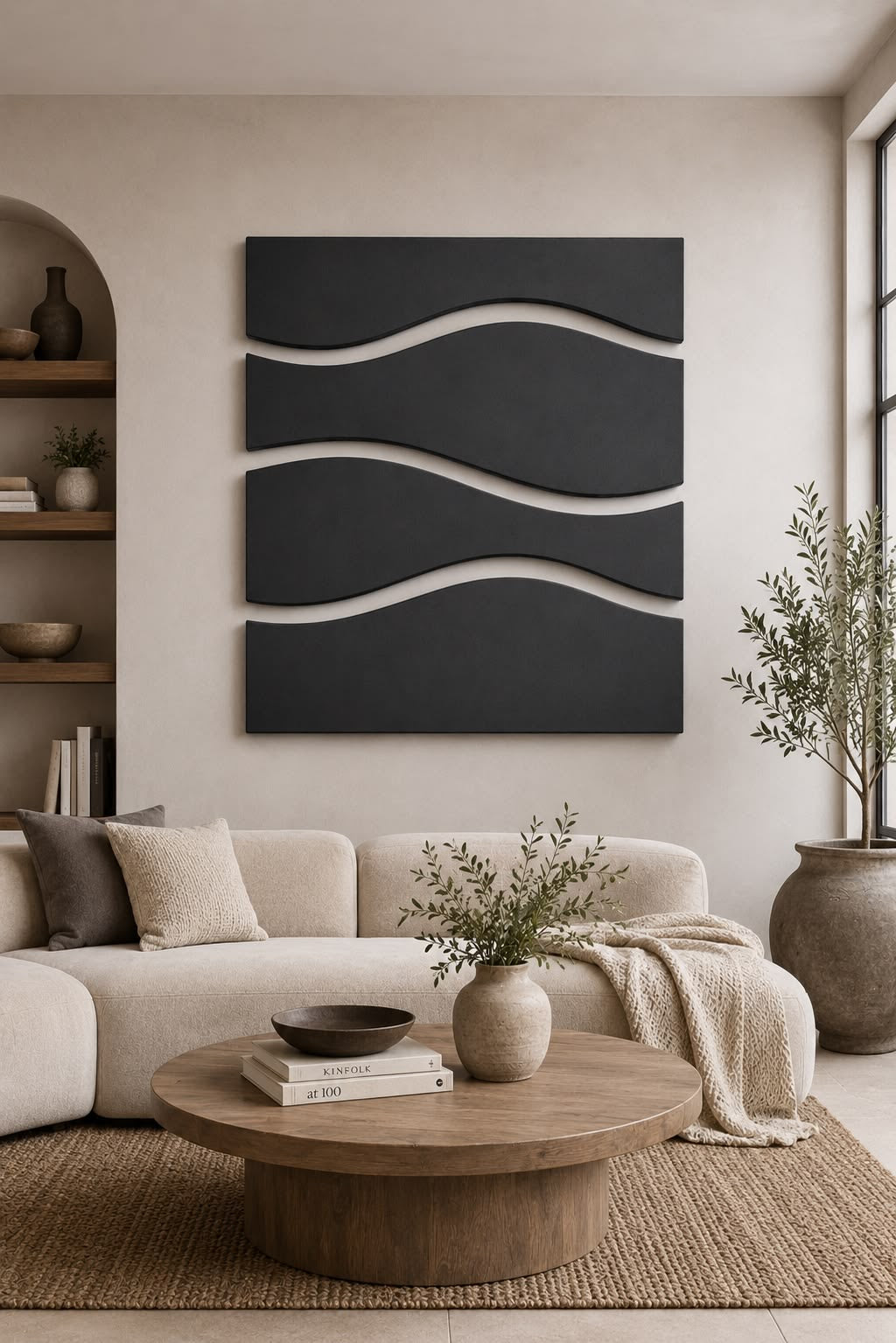 Midnight Waves – Black Minimalist Handcrafted Wall Art on Stretched Wooden Canvas | Wallorah