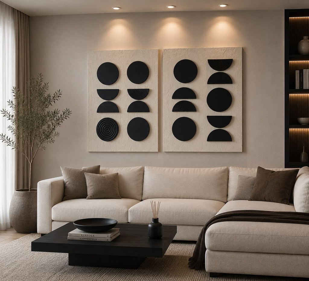 Harmony Circles Duo – Black & Ivory Geometric Handcrafted Wall Art Set on Stretched Wooden Canvas | Wallorah
