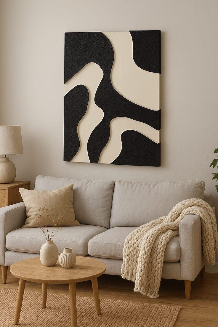 Monochrome Flow – Black & Ivory Organic Handcrafted Wall Art on Stretched Wooden Canvas | Wallorah