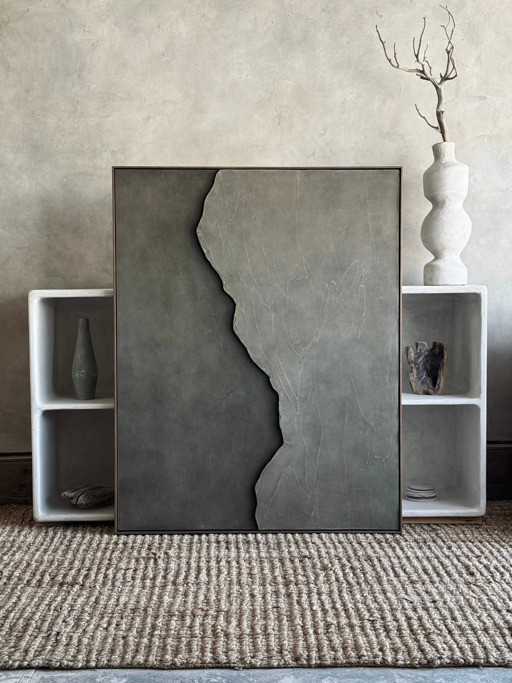 Fractured Monolith – Charcoal Grey & Stone Grey Handcrafted Abstract Wall Art on Stretched Wooden Canvas | Wallorah