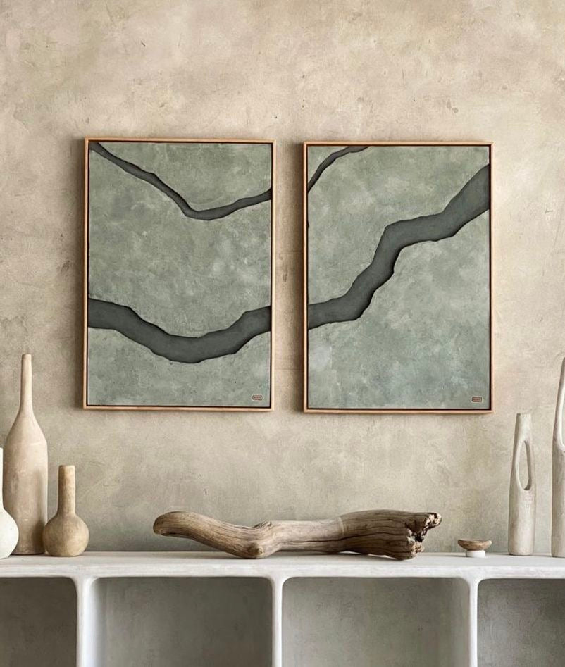 Twin Earth Veins – Sage Grey Handcrafted Abstract Wall Art Set on Stretched Wooden Canvas | Wallorah