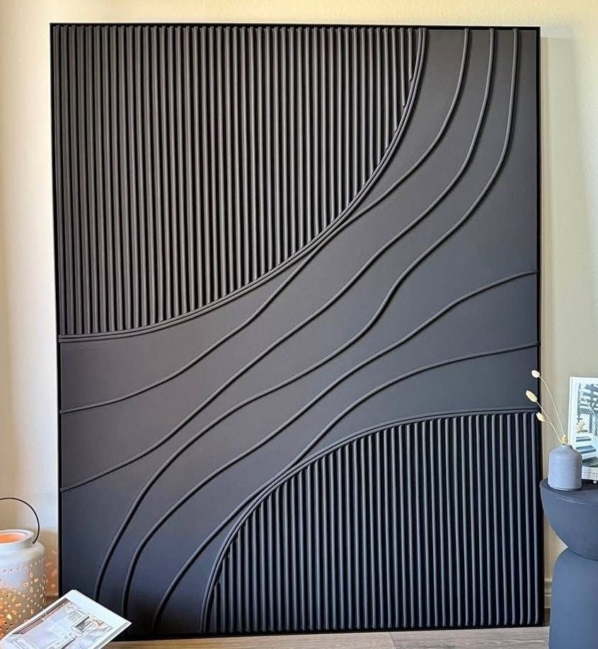 Midnight Waves – Handcrafted Matte Black Textured Abstract Wall Art on Stretched Wooden Canvas | Wallorah