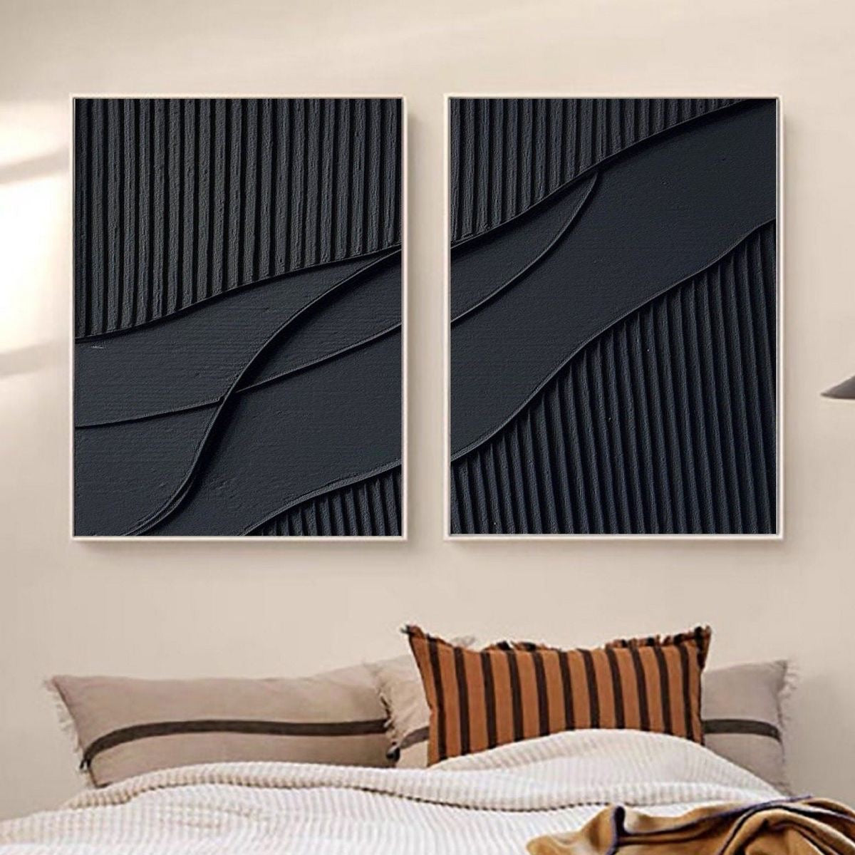 Midnight Harmony – Handcrafted Matte Black Abstract Wall Art Set of 2 on Stretched Wooden Canvas | Wallorah