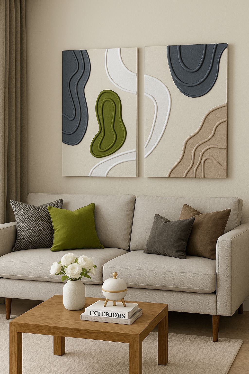 Organic Harmony – Handcrafted Sage Green, Charcoal Grey & Ivory Abstract Wall Art Set of 2 on Stretched Wooden Canvas | Wallorah
