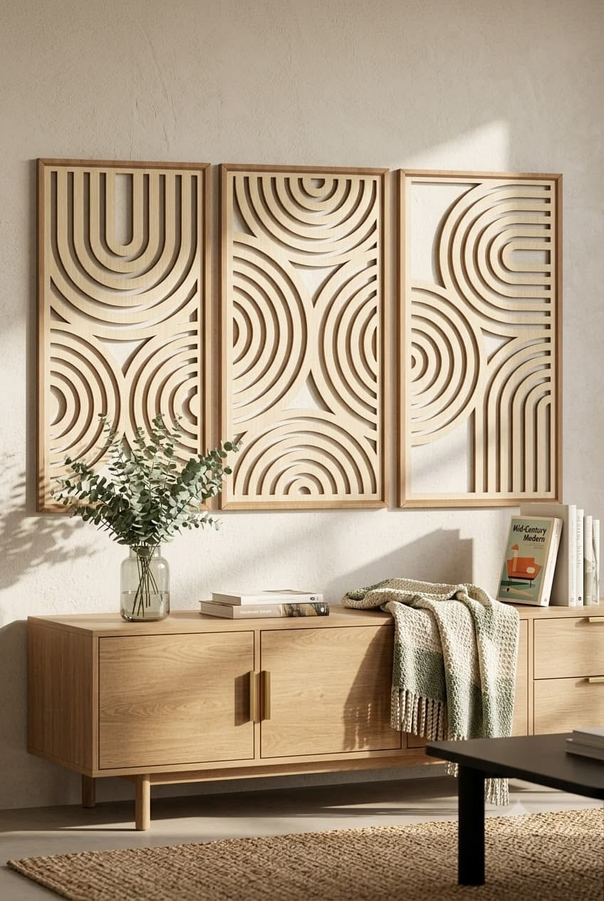 Nordic Arc Symphony – Handcrafted Wooden Geometric Triptych Wall Art on Stretched Wooden Canvas | Wallorah