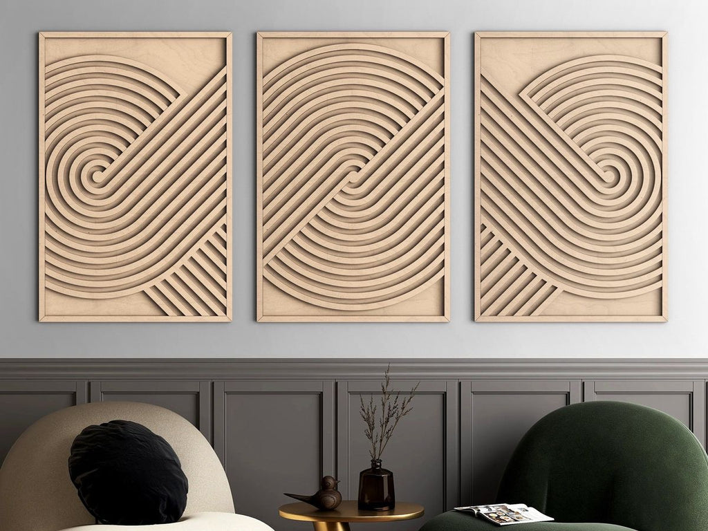 Nordic Wave Harmony – Handcrafted Wooden Geometric Triptych Wall Art on Stretched Wooden Canvas | Wallorah