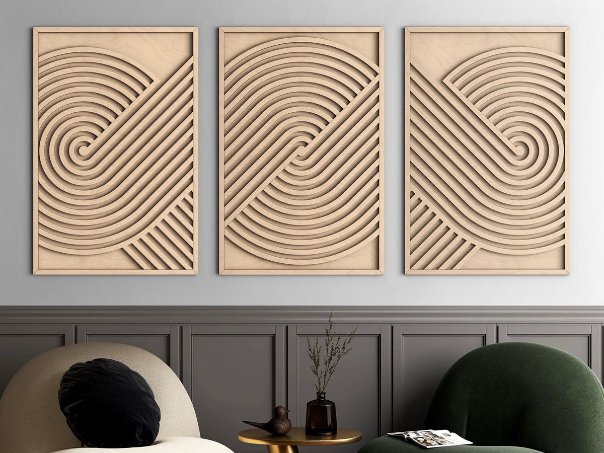 Nordic Wave Harmony – Handcrafted Wooden Geometric Triptych Wall Art on Stretched Wooden Canvas | Wallorah